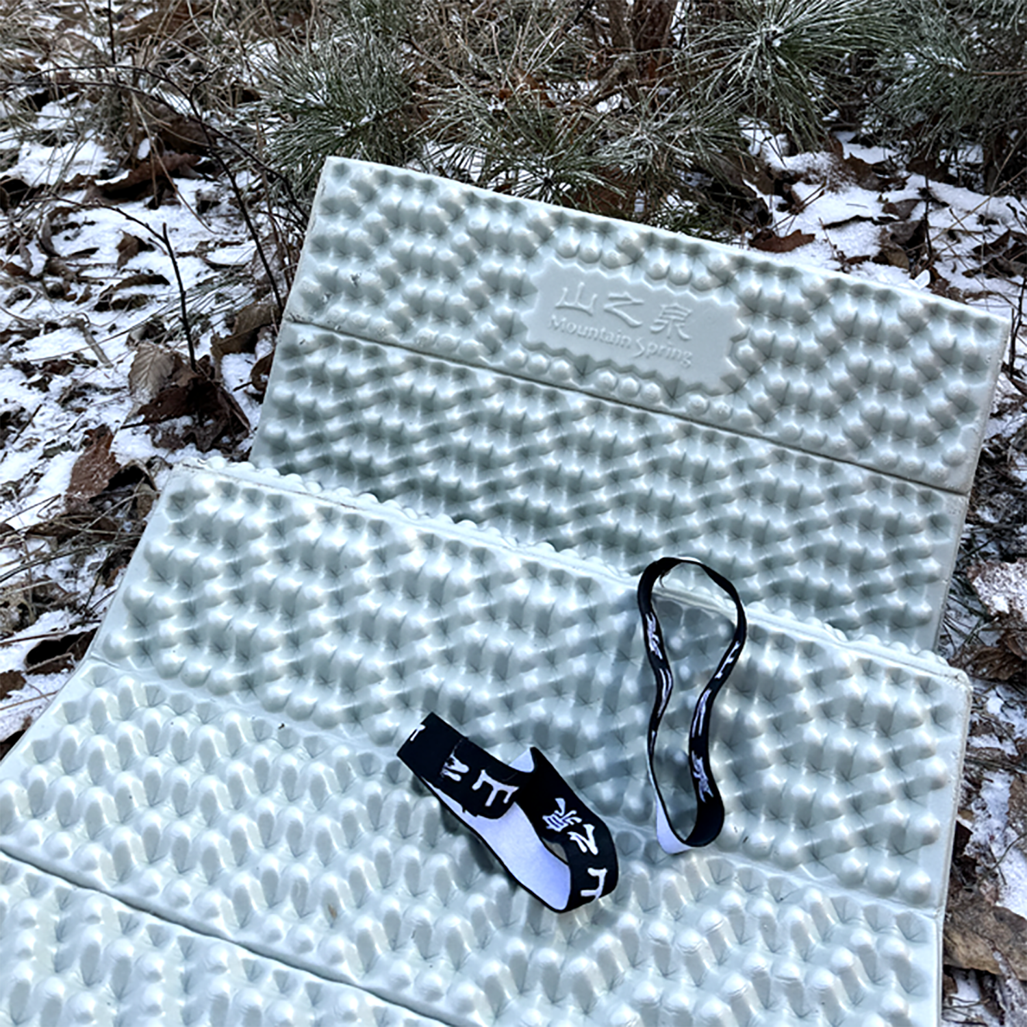 On the snow-covered ground strewn with fallen leaves, lay an unfolded Mountain Spring foam pad, upon which rested two straps.