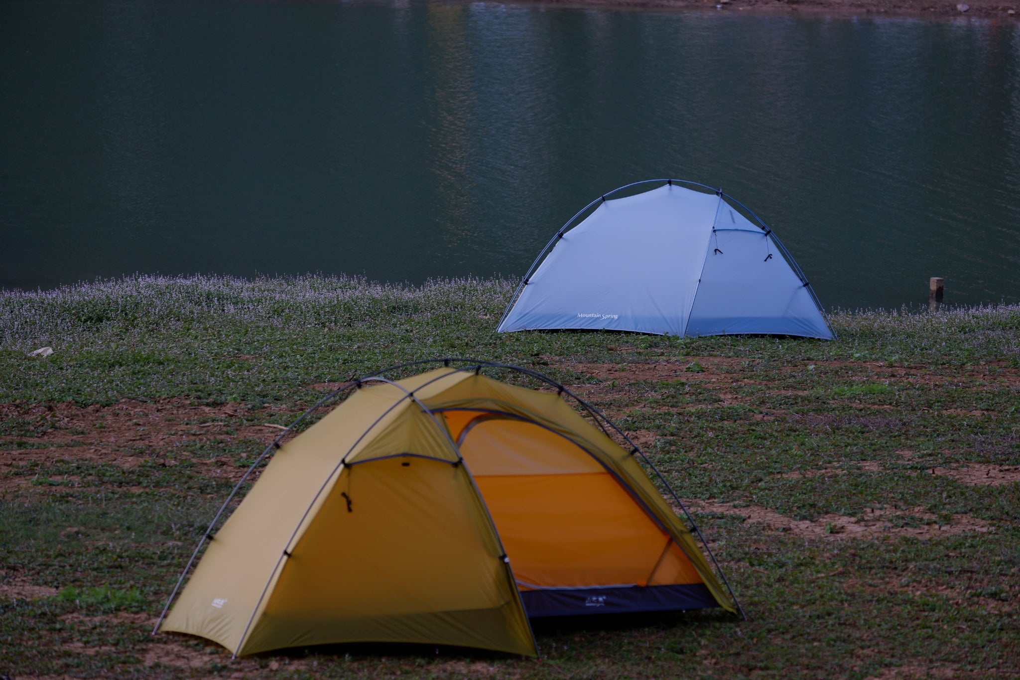 On the grassy bank by the water, two DuShan & TingQuan series tents were pitched; the one in the distance was blue, and the one closer was yellowish-green.