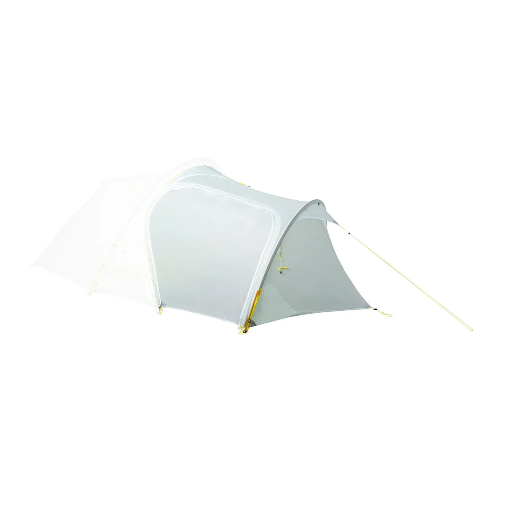 A side front view of the ZhuXi tent's light cyan vestibule, featuring an entrance that takes up the entire side, with a curved tent pole supporting the vestibule and providing ample space.