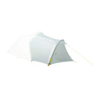 A side front view of the ZhuXi tent's light cyan vestibule, featuring an entrance that takes up the entire side, with a curved tent pole supporting the vestibule and providing ample space.