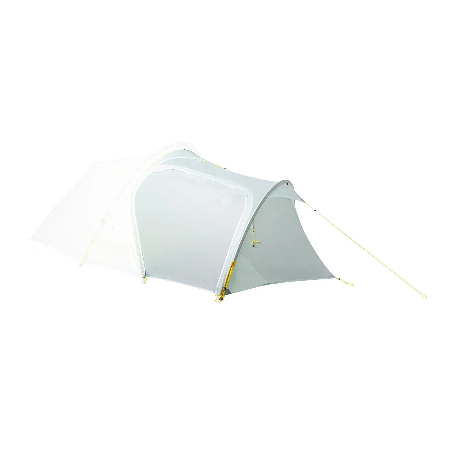 A side front view of the ZhuXi tent's light cyan vestibule, featuring an entrance that takes up the entire side, with a curved tent pole supporting the vestibule and providing ample space.